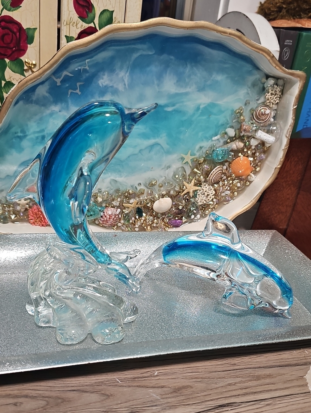 Set of 2 Blue Glass DOLPHINS